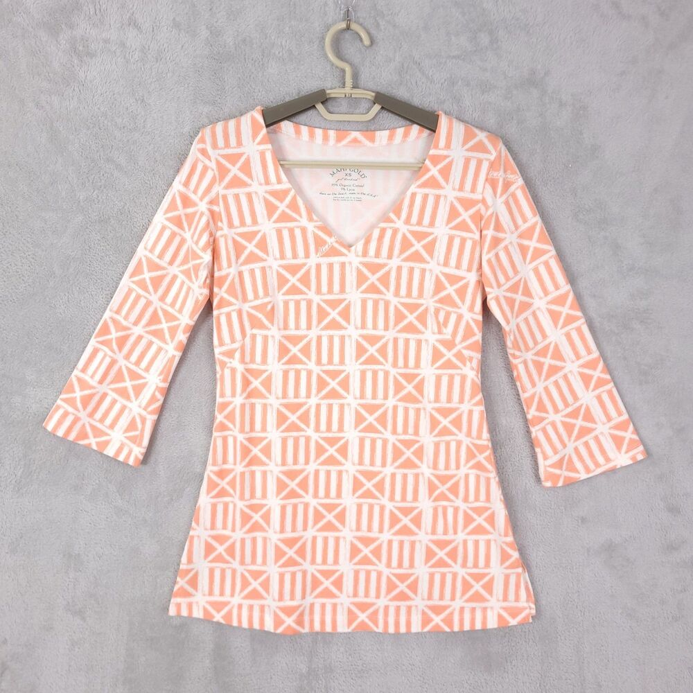 Mahi Gold Top Tunic Womens Size XS Organic Cotton 3.4 Sleeves Geometric V-Neck